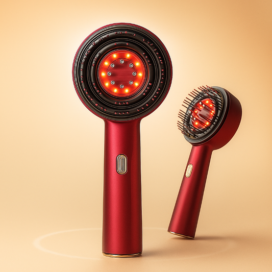 Red handheld hair dryer with a brush attachment on a beige background
